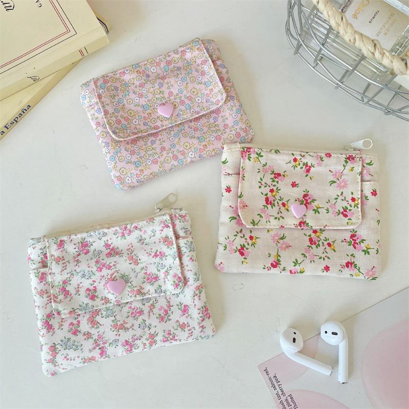 Multifunctional Document Card Bag Key Coin Purse for Women Cartoon Floral Bow Print Coin Purse Cute Storage Bag Purse