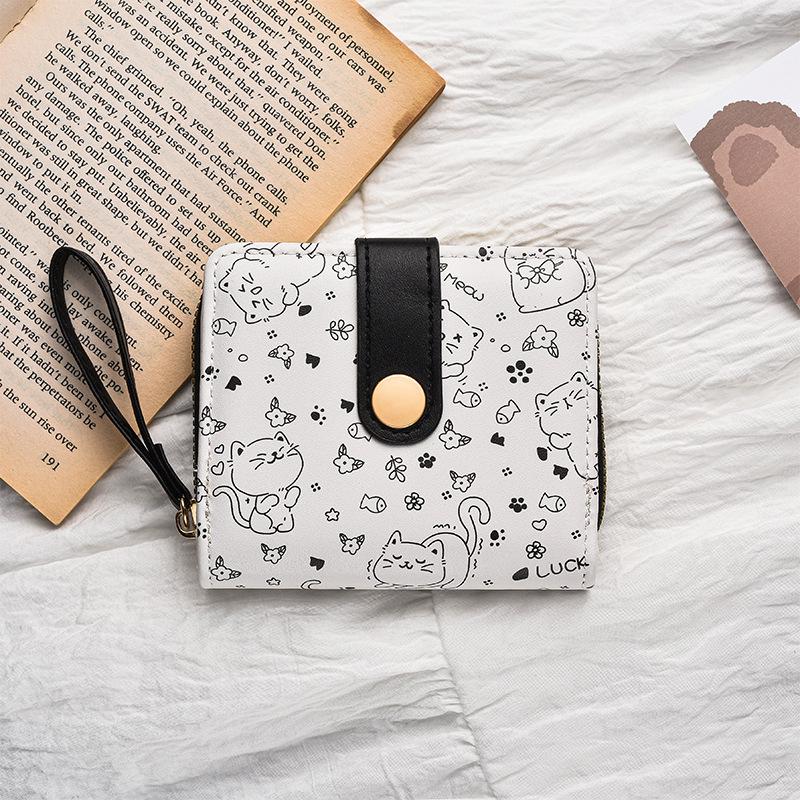 Cute Kitten Japanese Women's Snap Coin Pocket Short Wallet with Strap and Card Holder