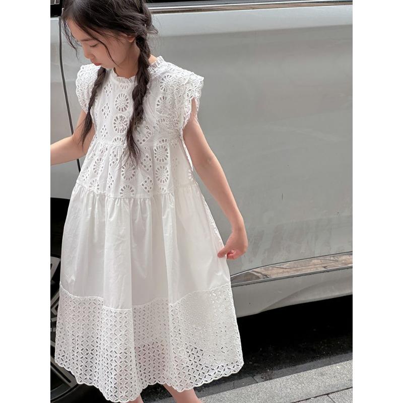 Coton Moyen À Grand Vêtements Pour Enfants Dentelle Blanche Robe Filles Princesse Petite Fraîcheur Robe Gilet Style Été
