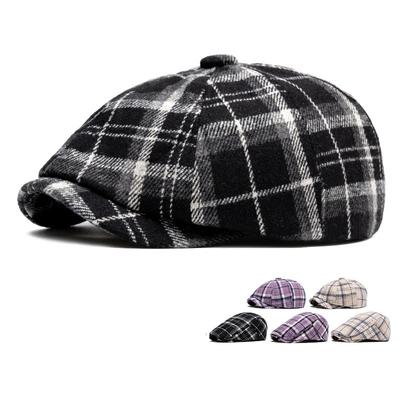 Plaid Beret Autumn Winter Men's Warm Octagonal Cap British Newsboy Cap Paintsman Cap Women Forward Cap