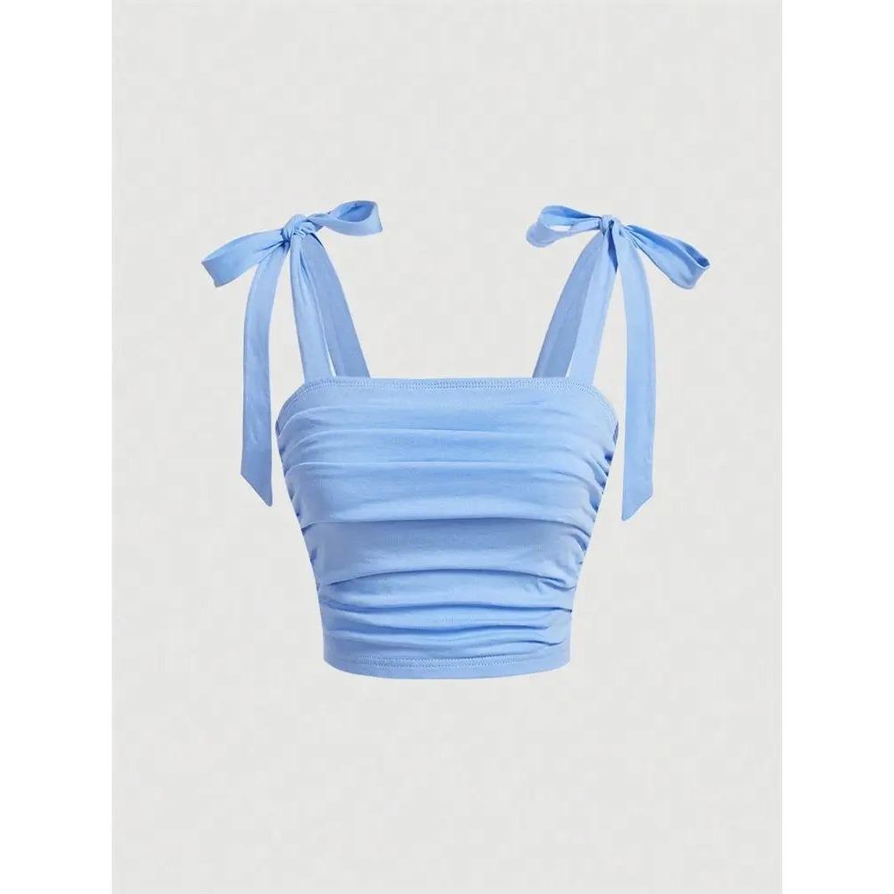 

Однотонный кроп-топ на бретелях с рюшами и широкими лямками, облегающий, для женщин, одежда Y2K, розовый топ-ками с открытой спиной, уличная одежда S небесно-голубой