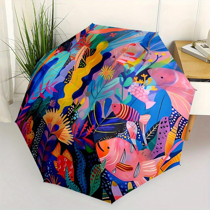 1pc Ocean Life Automatic Open/Close Umbrella with Windproof, Functional Design, 8-Rib Sturdy Canopy