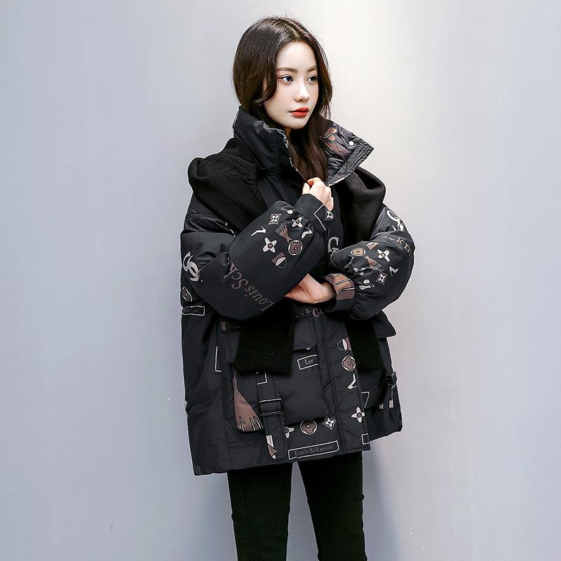 

Пуховик зимний 2025 новая мода стеганая куртка теплая и свободная утолщенная с капюшоном укороченная куртка хлопковая куртка инс S чёрный