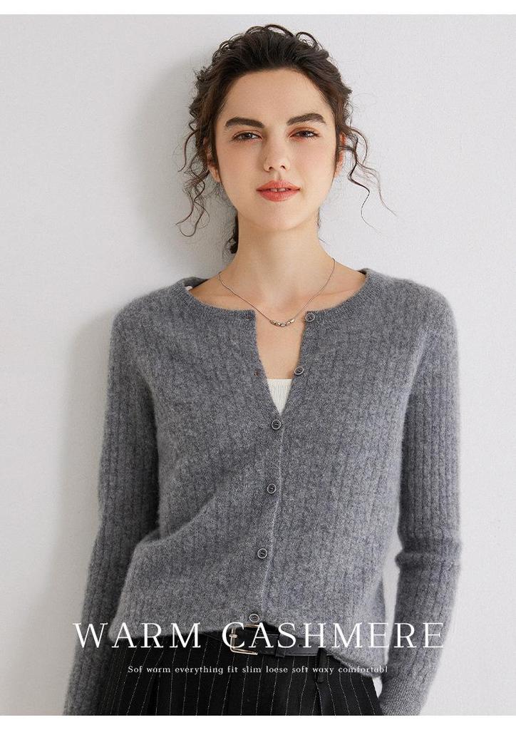 Women's Gold Sand Cashmere Cardigan - Twisted Cable Knit, Round Neck, Striped, Slim Fit, Autumn/Winter Sweater.
