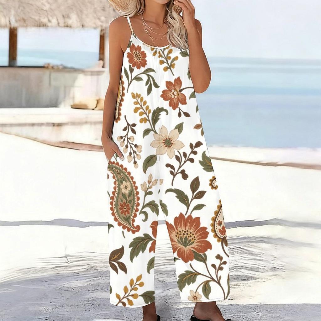 Women Plus Size Sleeveless Scoop Neck Gathered Front Floral Printed Wide Leg Jumpsuit With Pockets