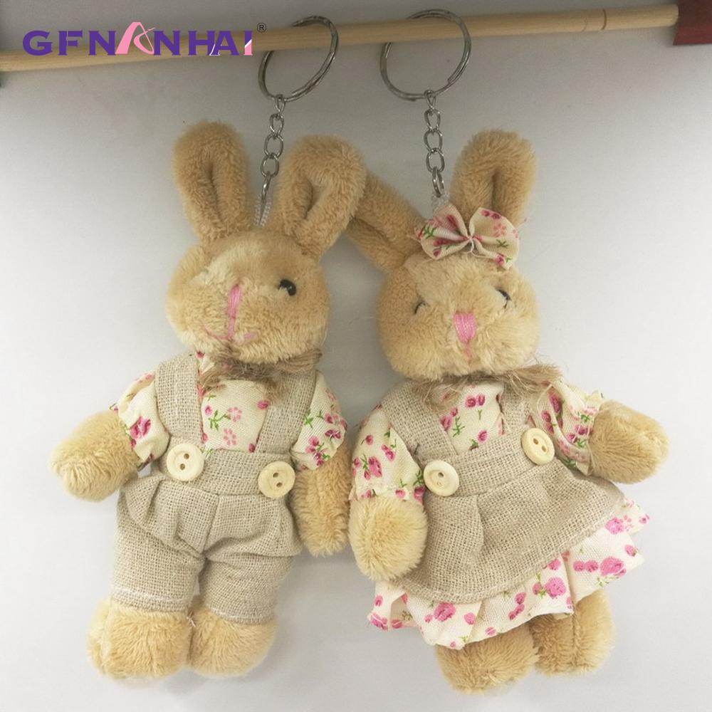 2pcs/lot 11cm Couple Bear Rabbit Plush Toys Stuffed Dolls Floral Cloth Teddy Bear Rabbit Keychain Pendants Gift for Lovers Girls