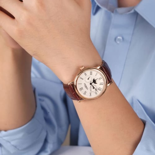 Time100 Men's Watch with Date, Day of the Week, and Day/Night Display, Made In Japan Movement, Brown Leather Strap, Rose Gold, for Businessmen and Adu