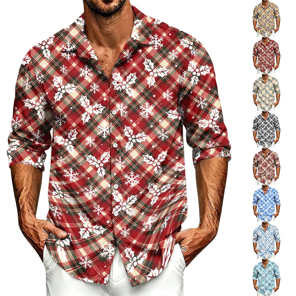 Men's Casual Long Sleeve Shirt with Christmas Print for Spring, Fall and Holiday Casual Wear