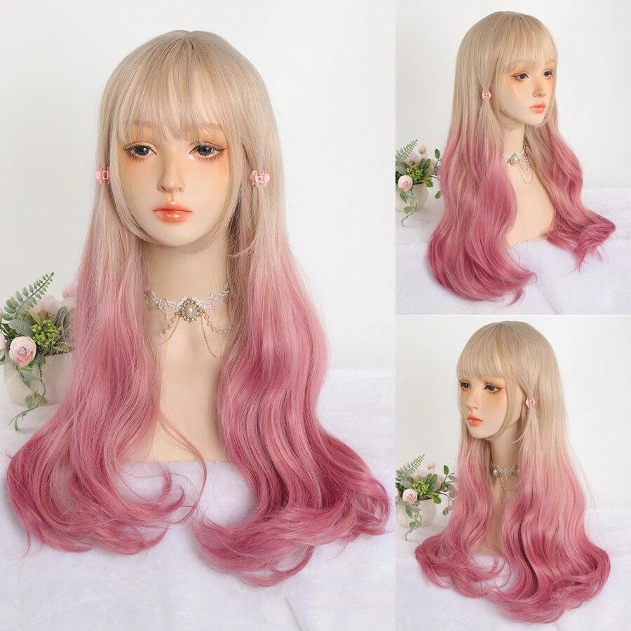 Synthetic Natural Black Wigs Long Wavy Wig for Women with Bangs Halloween Party Daily Heat Resistant Fibre Hair Wigs