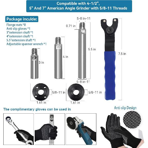 Angle Grinder Extension Shaft Rod,14pcs Angle Grinder Attachments with 5/8"-11 Thread,Grinder Power Tools Include Grinder Extension Shaft,Grinder