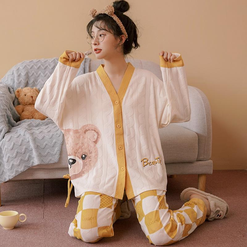Women Pajama Long Sleeve Pants Autumn Two-Piece Set Sleepwear Female Sweet Breathable Home Clothes Student Nightwear 2511