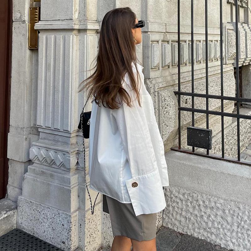 Tricou de primăvară cu mânecă lungă și buzunare duble, design vestimentar, Sense Niche, cămașă albă