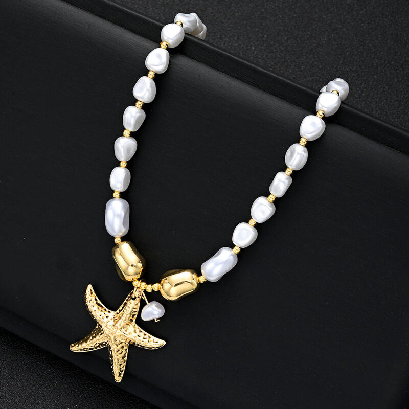 Bohemian Imitation Pearl Beaded Starfish Necklaces for Women Ladies Fashion Vacation Style Pendant Necklaces Jewelry Accessories