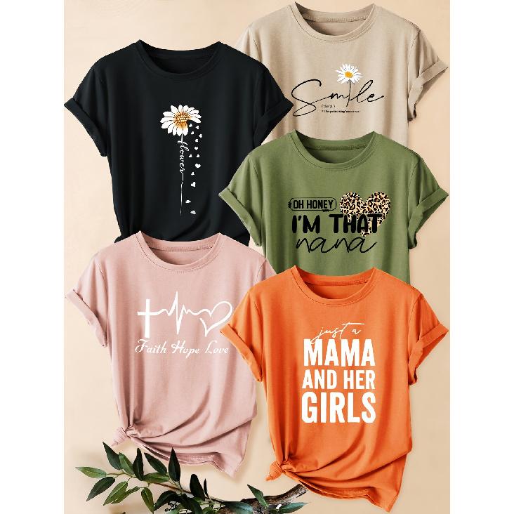 Five-piece set of women's letter and heart print short-sleeve shirts Leopard print heart and white chrysanthemum print round neck summer dress T