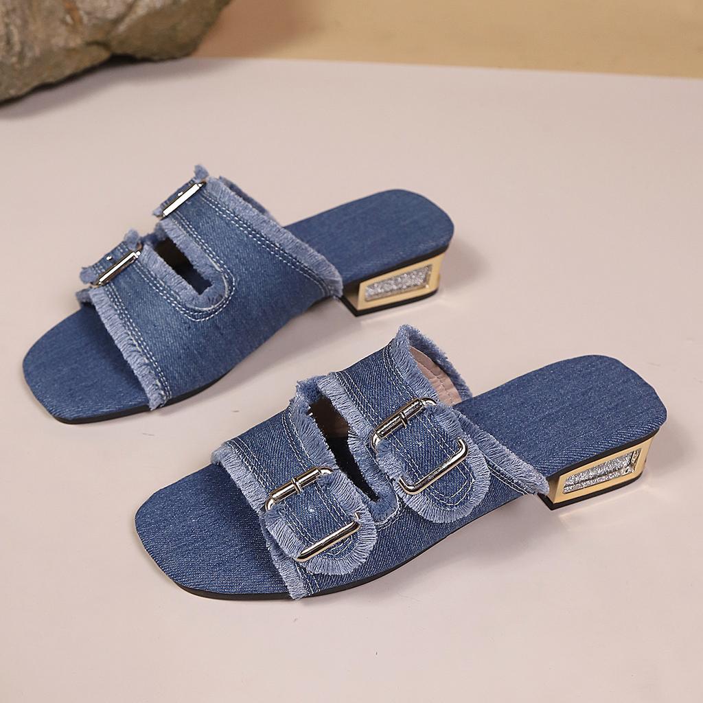 Pantoufle en jean d'été Bohème Femme Boucle Franges Sandales Confortables Femme à Enfiler Chaussures de Marche Plage Quotidien Travail Fêtes Claquettes