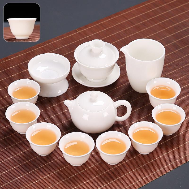 Suet Jade Kung Fu Tea Set Home Living Room Office Light Luxury Tea High-end Gift Box Cover Bowl Teacup Complete Set