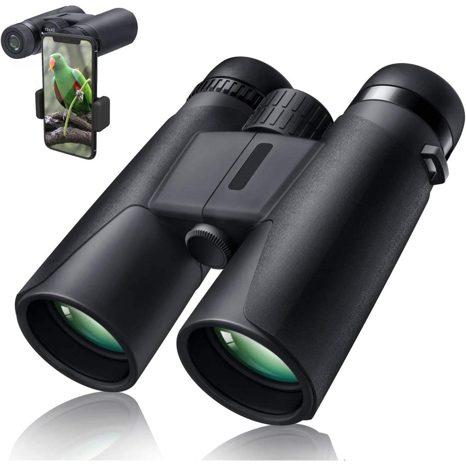 

10X42 Professional Binoculars with Smartphone Adapter, Compact Waterproof Low Night Vision Binoculars for Adult Birds Watching Hunting Concert Travel чорний
