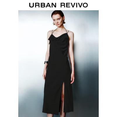 UR 2025 Autumn Women's French Draped Neck Little Black Slip Dress