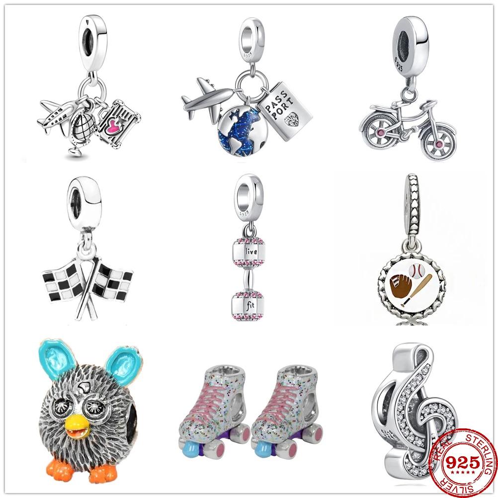 

New Colorful Zircon Bicycle Dumbbell Roller Pendant Beads fit Original Fashion Charms Silver 925 Bracelet DIY Women Jewelry
