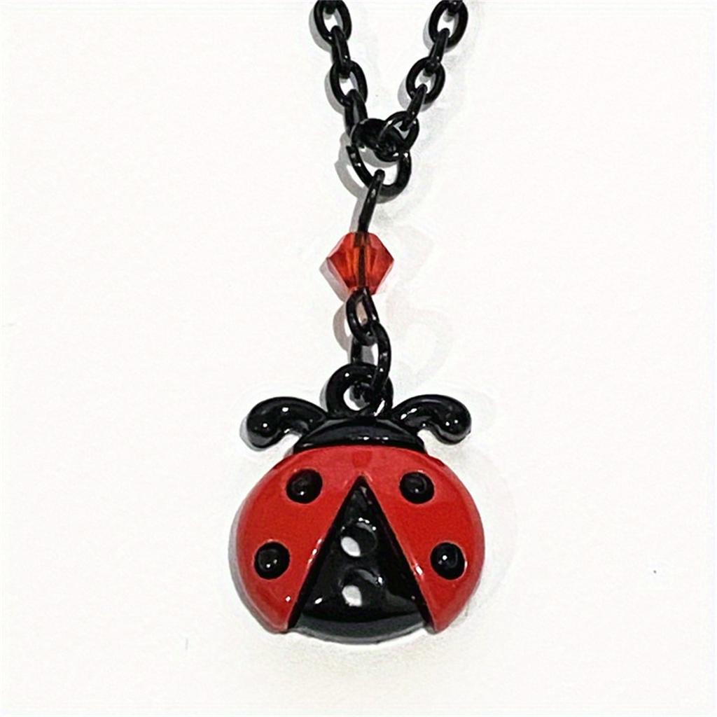 Ladybug Necklace And Earring Set Cute Mini Seven Star Ladybug Pendant Black Chain Red Crystal Accents Charming Costume Jewelry