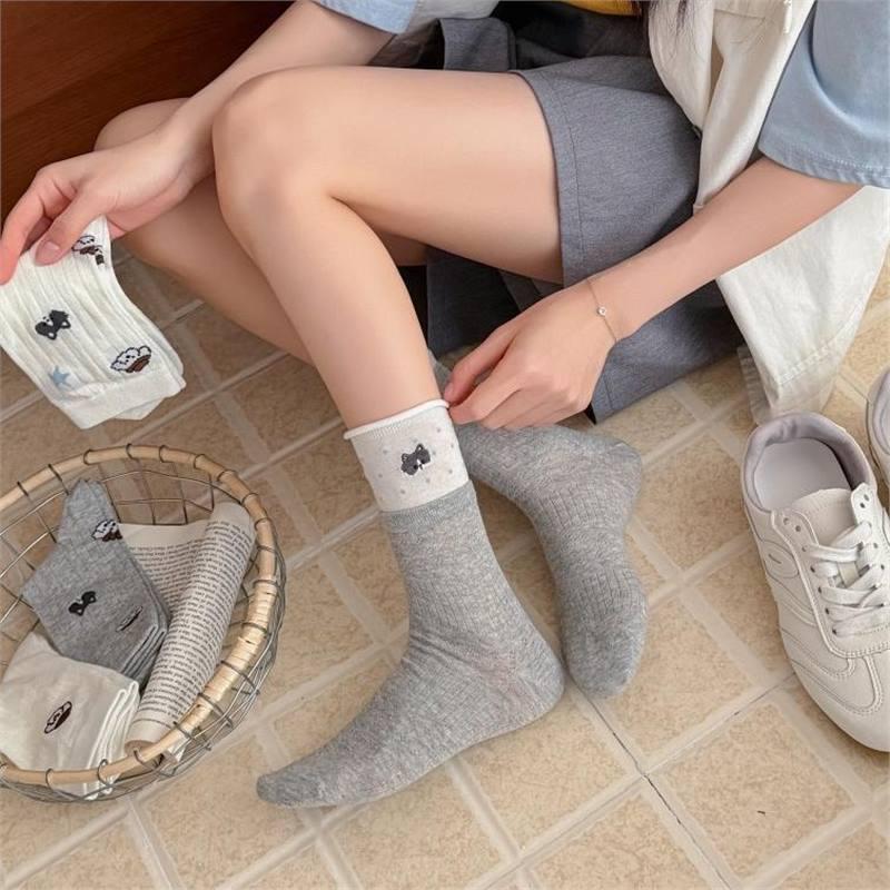 2026 Girls' Trendy Cartoon Mid-Calf Cotton Socks - Seamless, Cute, Puffy White Design