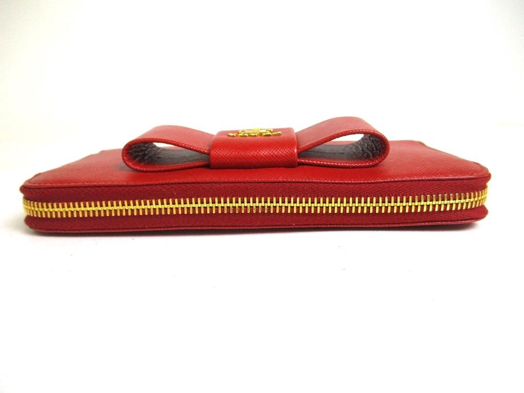 Authentic PRADA Red Saffiano Leather Ribbon Motif Round Zip Long Wallet #a334  Refurbished