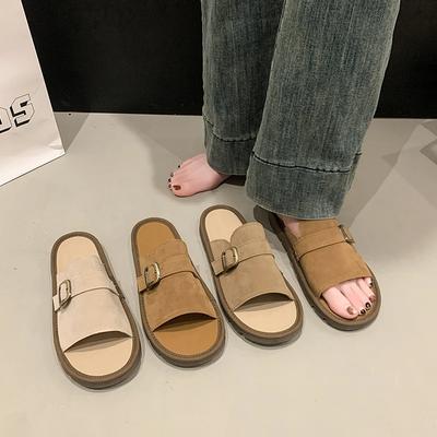 2025Summer Suede Leather  Platform Slippers Plus Size Buckle Non-Slip Sandals Casual Breathable Woman Fashion