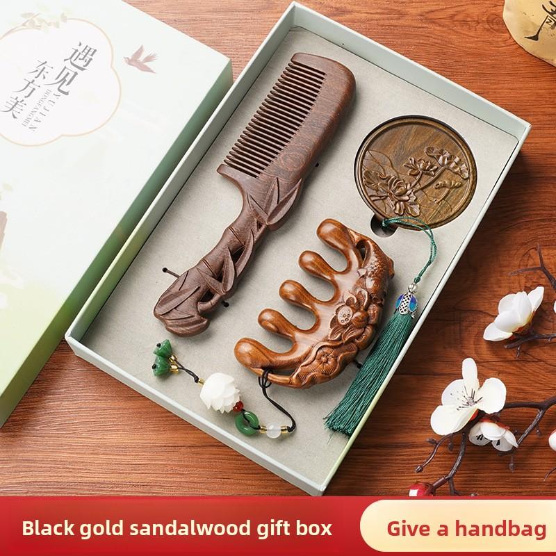 Green Sandalwood Gift Box Comb for Women, Gift Comb Set for Girlfriend, Mom, Head Meridian Nourishing Hair Massage Comb