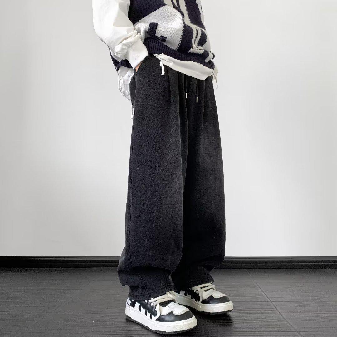 

Мужские джинсы American Retro с завязками на резинке: Модные, свободные, широкие штанины, эластичный пояс, повседневные брюки в стиле High Street M чёрный