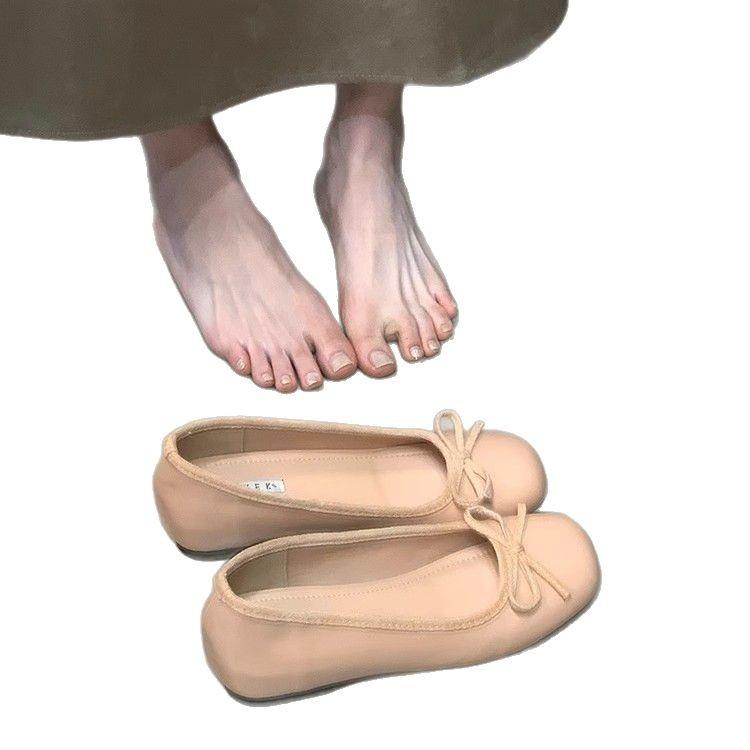 Bow red single shoes French single shoes women's 2025 spring new ladyshoes shallow mouth ballet inner heightening grandma shoes