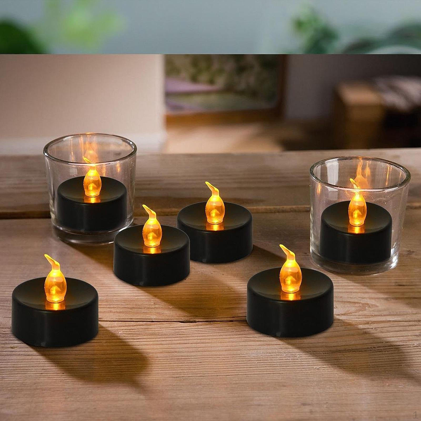 

12 черных беспламенных чайных свечей, поддельные электрические светодиодные реалистичные огни для Хэллоуина Yellow Flash