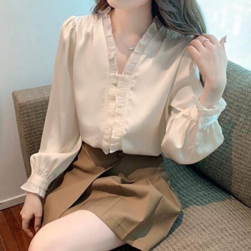 NaVaVa Women LoVely Frill V Neck Long sleeVe Blouse Nb3009