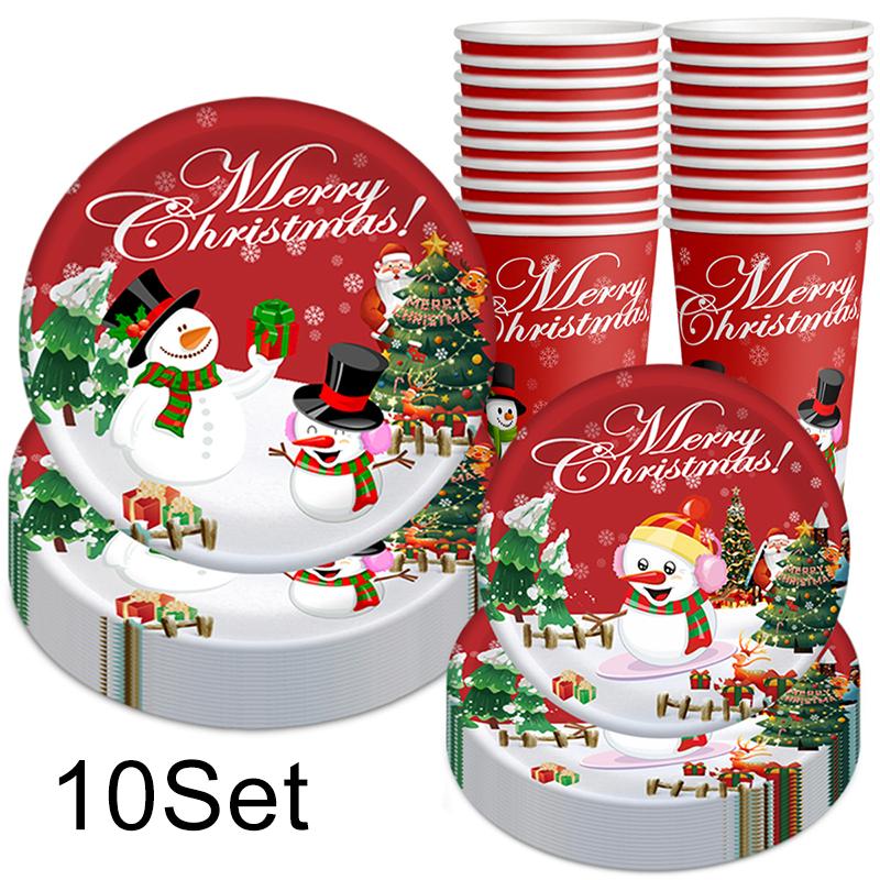 10Pcs/Set Disposable Tableware Set Spoon Fork Happy New Year Merry Christmas Party Supplies Paper Plates X-mas Party Decorations