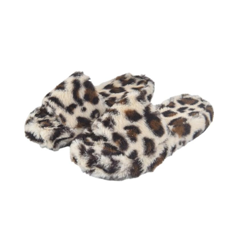 Fashion Leopard Women Slippers Fur Flats Platofrm Shoes Short Plush Open Toe Flip Flops Casual 2025 New Winter Warm Cotton Slides Mujer