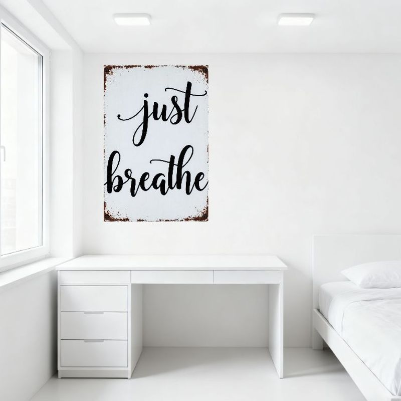 Rustic Vintage 'Just Breathe' Metal Tin Sign with Weathered Brown Border & Distressed Look - Wall Decor for Home, Office, Cafe,
