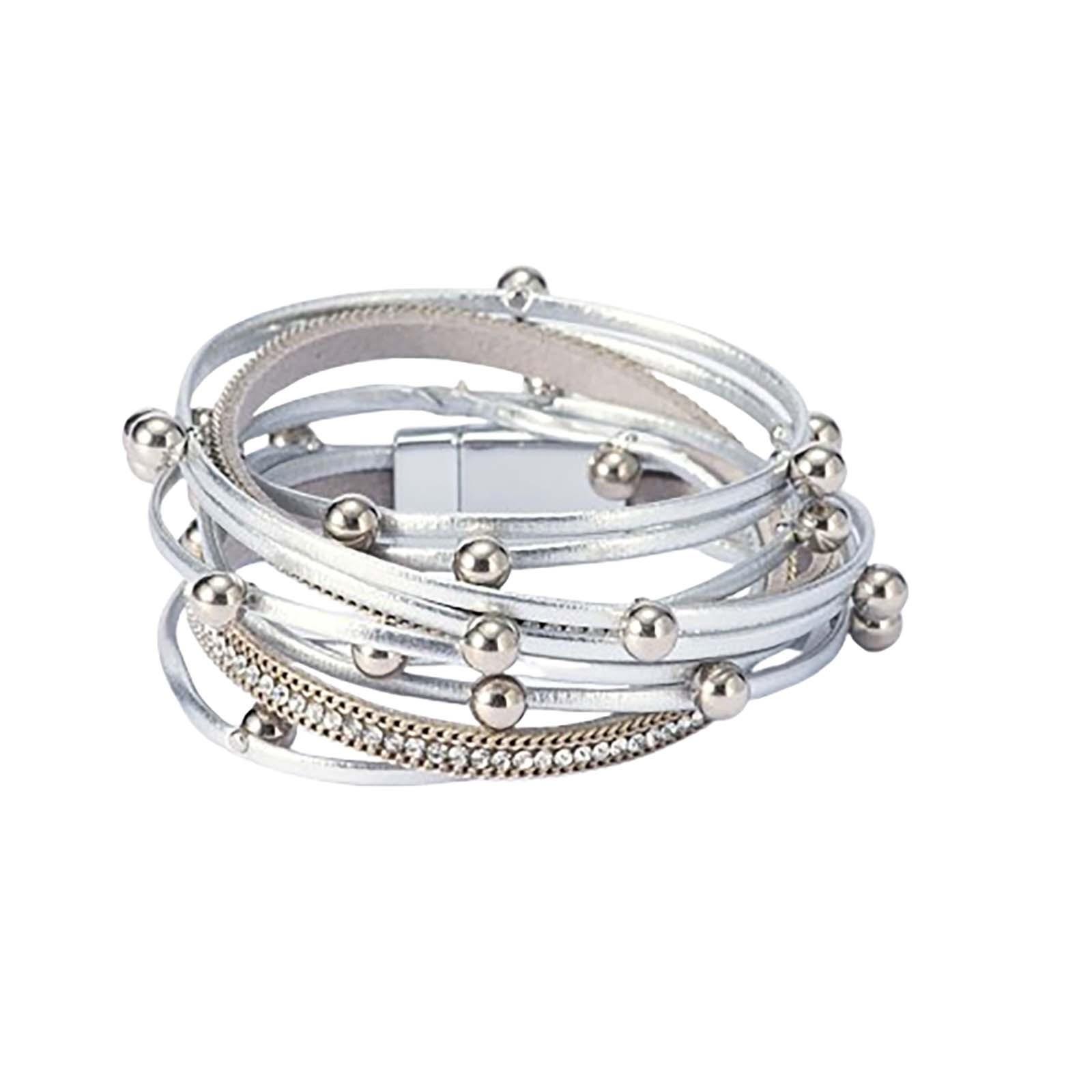 

Двухкруговой кожаный браслет с бусинами, многослойный кожаный браслет, модный женский браслет с магнитной застежкой и бриллиантами, ювелирные изделия One Size серебряный