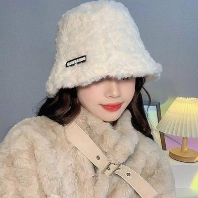 Winter Soft Fur Material English Label Bucket Beanie Hat