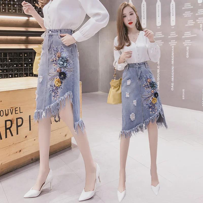 Spring/Summer 2024 Women's Mid-Length Denim Skirt with 3D Floral Tassels