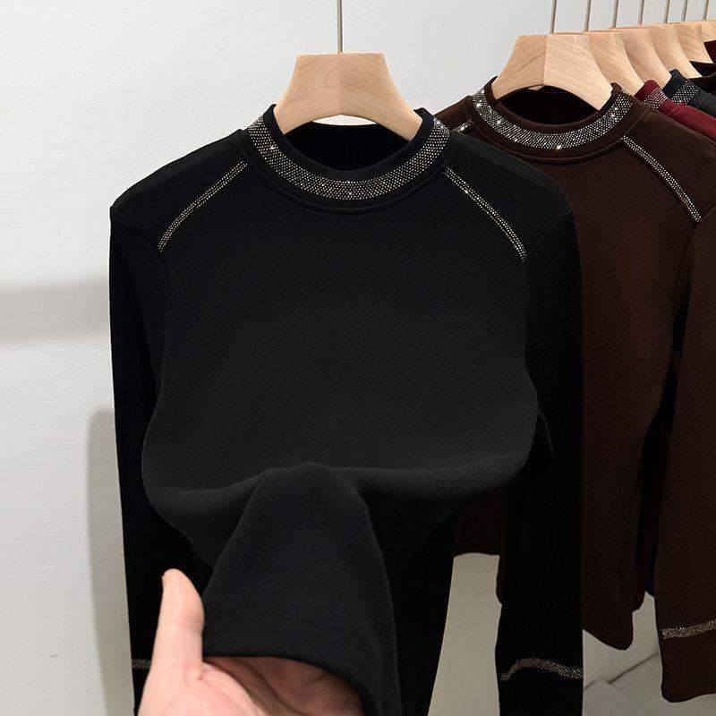 

Women s Black Rhinestone Long Sleeve Fleece Base Layer Top - Warm Winter Inner Wear M: 80-100 kg чёрный
