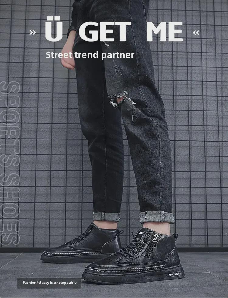 Botas Martin de cano alto de veludo de inverno masculinas - Sapatos casuais de couro com sola grossa e algodão quente da moda