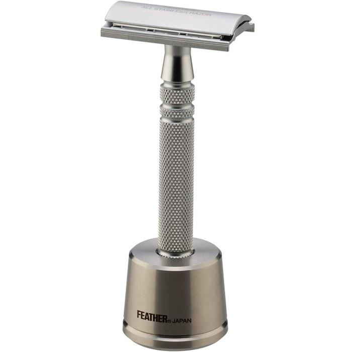 Feather Safety Razor Feather Tokusen Double-Edge All-Stainless Steel Razor N (Made in Japan) with Stand & 2 Blades, Silver