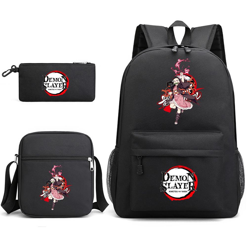 3Pcs/set Anime Demon Slayer Printed Backpack with Shoulder Bag Pencil Case for Teenager Student Boy Girl Waterproof Schoolbag