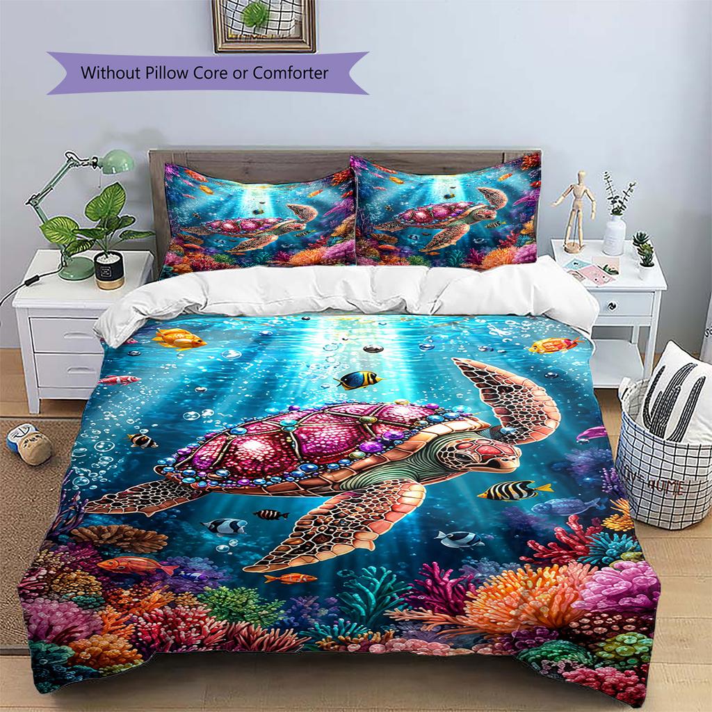 Colorful Sea Turtle Pattern Bedding Set Quilt Cover Pillowcase Home Decor Gift (1 * Duvet Cover + 2 * Pillowcase, Without Core)