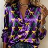 Women Satin Mardi Gras Purple Yellow Green Stripe Bow Print Shirt Long Sleeve Lapel Button Down Blouse Carnival Party Casual Ladies Multi Color Top