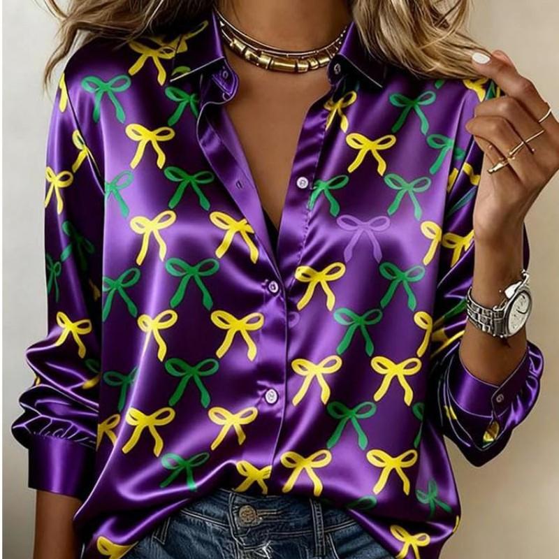 Women Satin Mardi Gras Purple Yellow Green Stripe Bow Print Shirt Long Sleeve Lapel Button Down Blouse Carnival Party Casual Ladies Multi Color Top