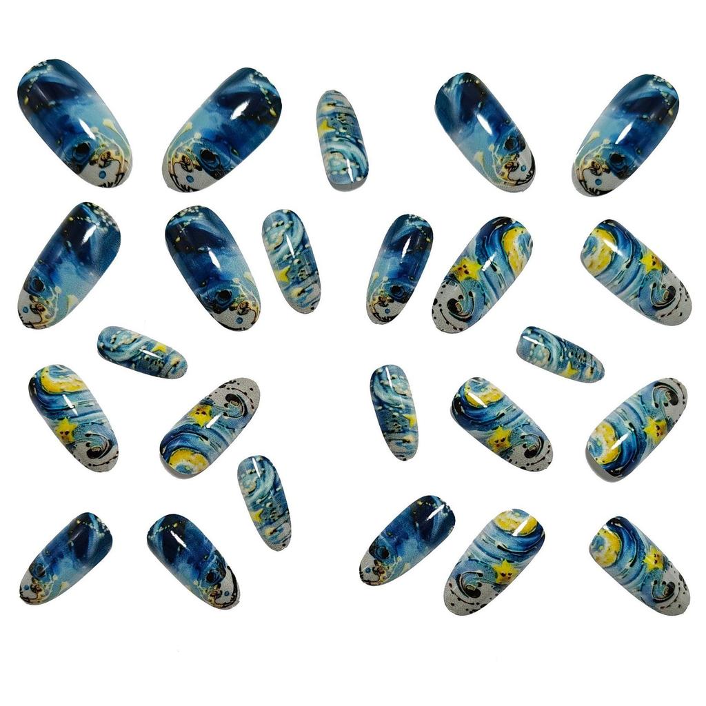 Punte Unghie Finte Ovale Lungo con Motivo Ondate Mare Blu Stella Luna - Set da 24 Pezzi