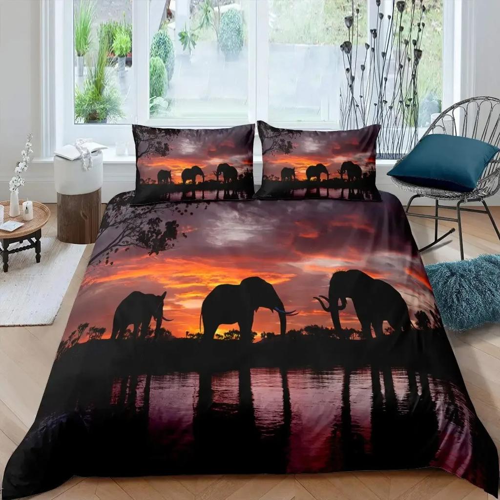3D Elephant Duvet Cover Set Queen Size African Safari Animal Comforter Set Wildlife Bedding Set Retro Wall Decor Bedspread Cover