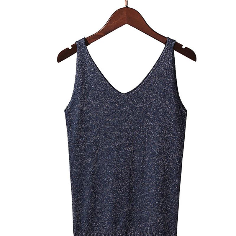 Women Summer Sexy Slim V-Neck Bright Silk Knitted Sleeveless Vest Top T-Shirt Basic Trend