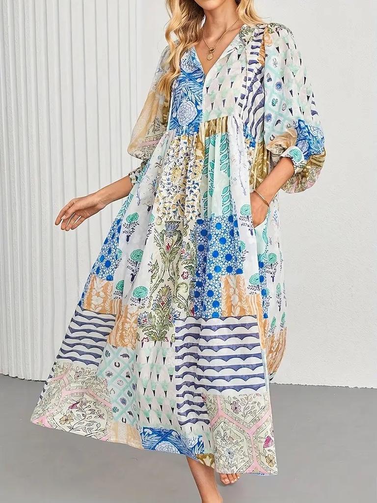 European and American explosive bohemian lantern sleeves fashion printing big pendulum long dress