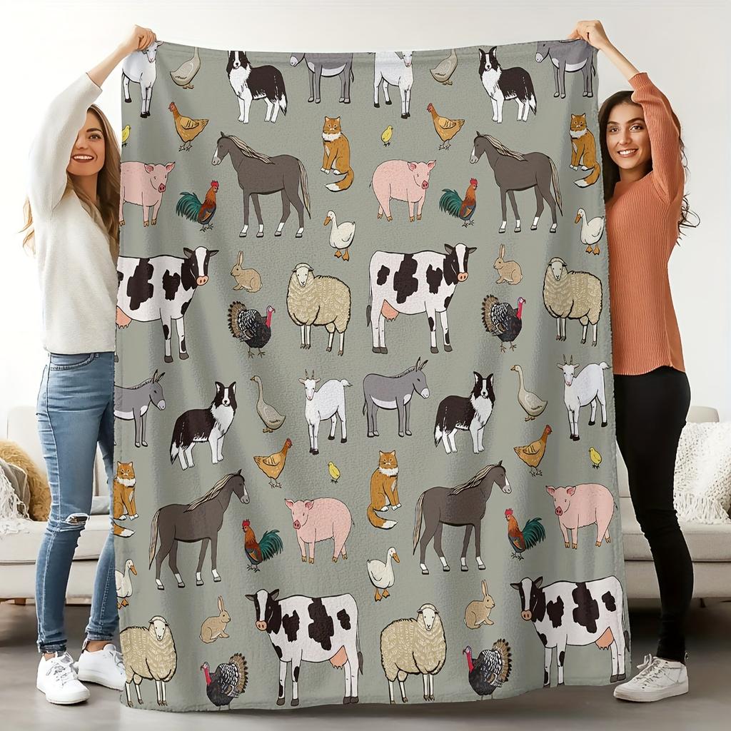 Cartoon Farm Animal Cow Pig Horse Sheep Print Flannel Throw Blanket Super Soft Warm Blanket for Sofa Bed Kids Room Home Decor Gift